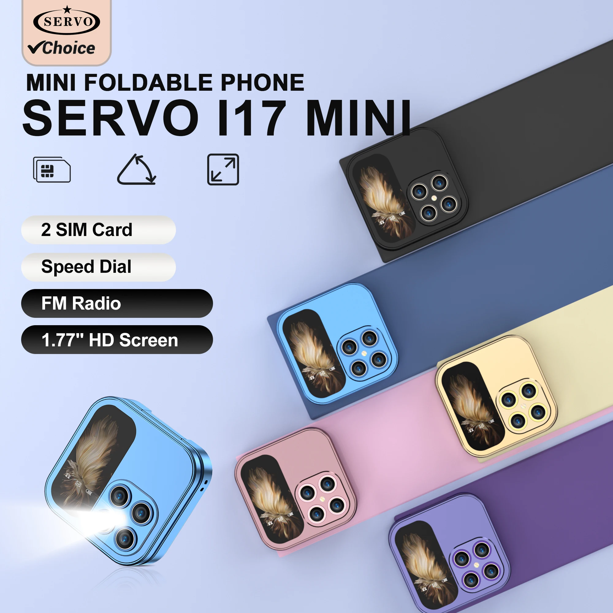 SERVO i17 Mini Flip Mobile Phone 2G Network 1.77inch Screen Dual SIM Flashlight Speed Dial FM Radio Small Fashion Foldable Phone