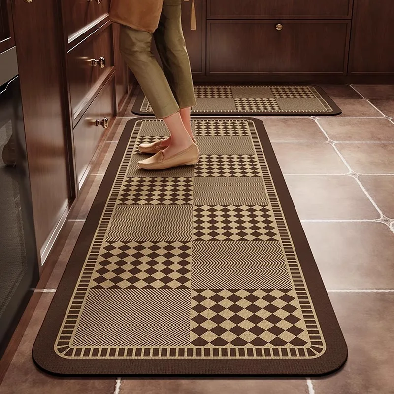 Retro Brown Plaid Carpet PVC Leather Kitchen Foot Mats Anti-slip Durable Floor Mat Oil-resistant Washable Easy Clean Rug Tapis