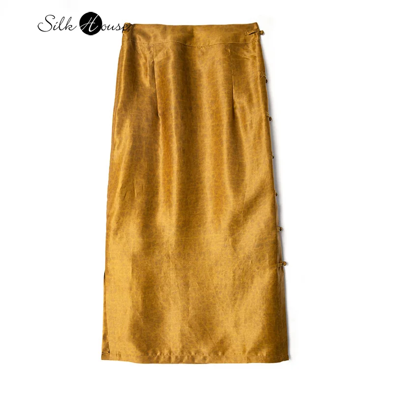 Elegant New Chinese 100% Natural Mulberry Silk Gambiered Guangdong Gauze Gold Wrap Hip Side Button Women's Fashion Party Skirt