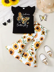 Girls' Two-Piece Casual Comfort Sleeveless Flying Sleeve Flower Pattern Short-Sleeved T-Shirt And Flare Pants Set Summer Style