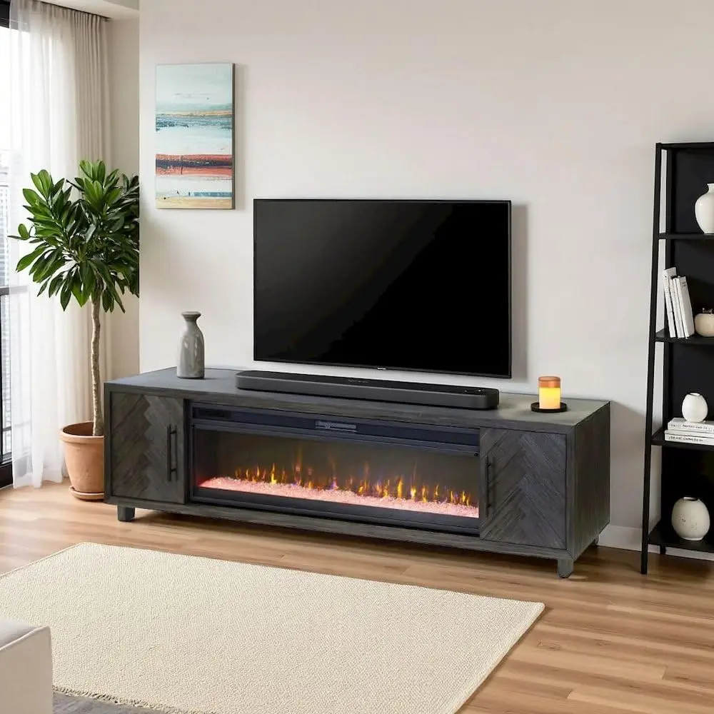 Gray Electric Fireplace TV Stand, Modern Entertainment Center with Fireplace, TV Console for Living Room Ambience and Storage