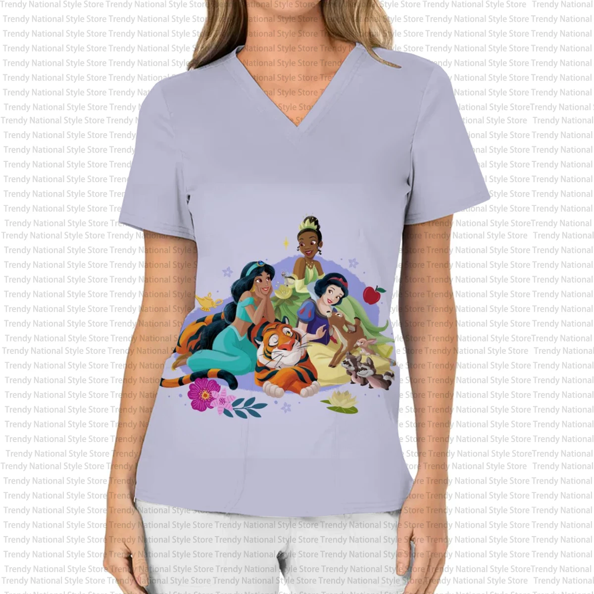 Nuevo uniforme de enfermera de verano para mujer, Top esmerilado con cuello en V estampado, camiseta de tienda de mascotas de Hospital de princesa Jasmine de Disney para mujer