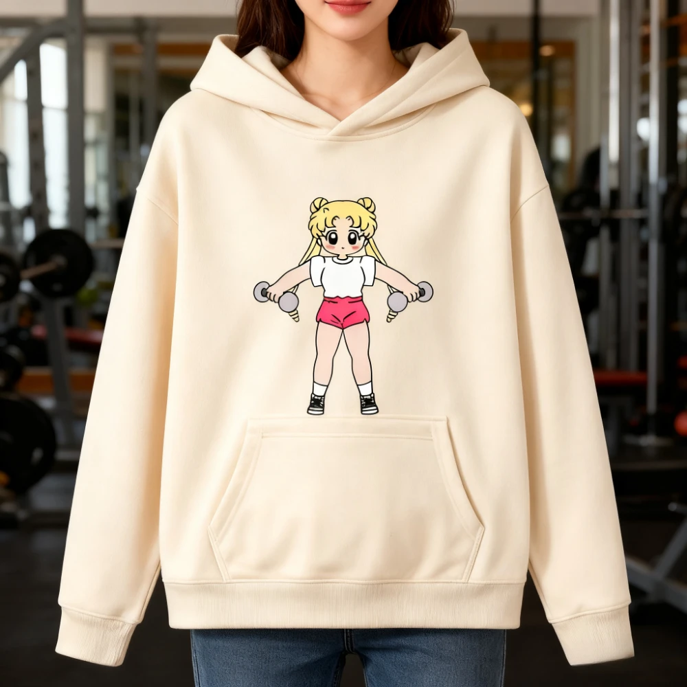 

Hot Selling Sailor Moon Fitness Fun Print Autumn and Winter Cotton Long Sleeved Hooded Sweatshirt for Men and Women Trendy Top