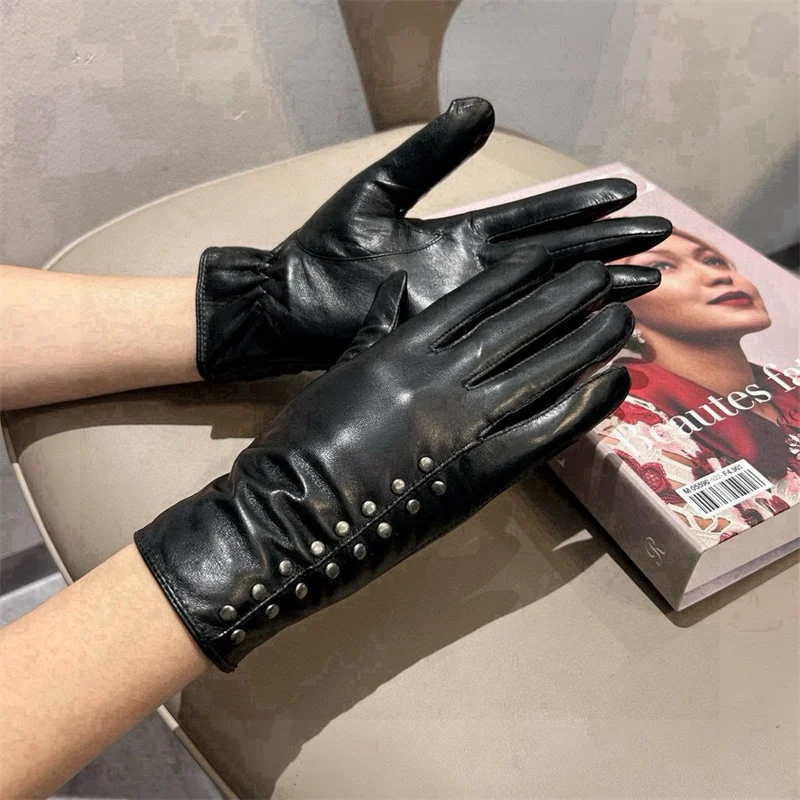 Genuine Leather Short Gloves Women Fully Studed Real Sheepskin Autumn Winter Warm Party Cosplay Driving Glove