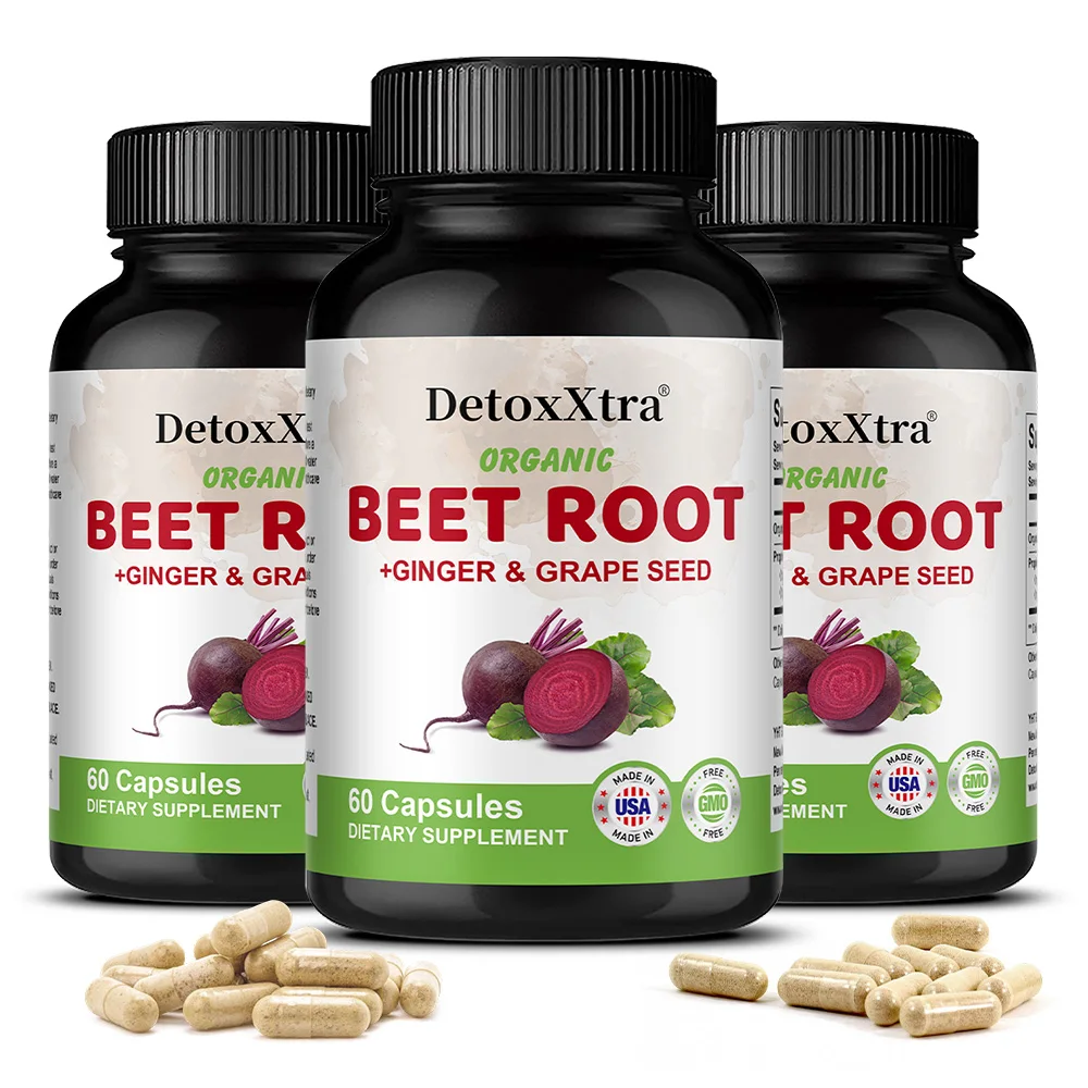 Organic Beetroot Capsules with Ginger & Grape Seed, Blood Circulation, Heart Health, Digestive, Energy & Immune System Support