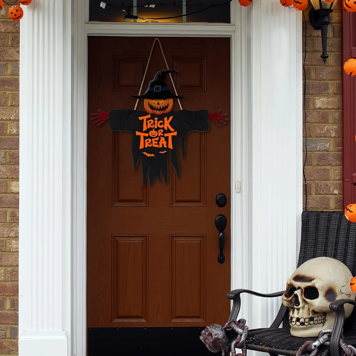 2DHalloween خدعة أو علاج علامة خشبية الوحش الوجه اليقطين تصميم حبل شماعات الشرفة جدار هالوين حديقة حفلة زينة عيد الميلاد