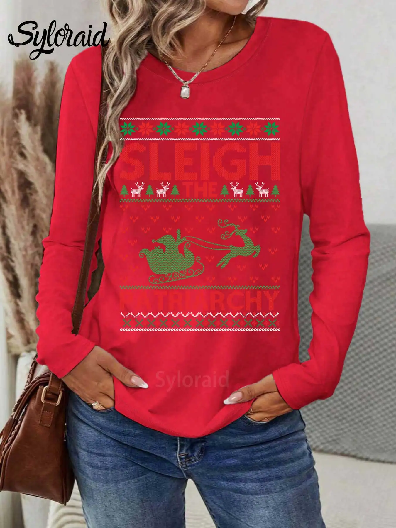 レディース長袖Tシャツ醜いクリスマスセータープリントTシャツファッションラウンドネックカジュアルトップ