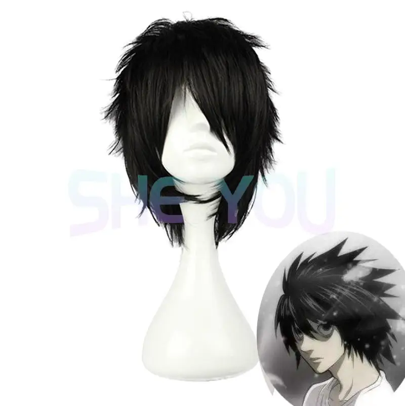 Anime Death Note L Cos peruka męskie L.Lawliet krótki czarny syntetyczne odporne na ciepło włókien syntetycznych puszyste włosy Pelucas Cosplay peruki + czapka z peruką