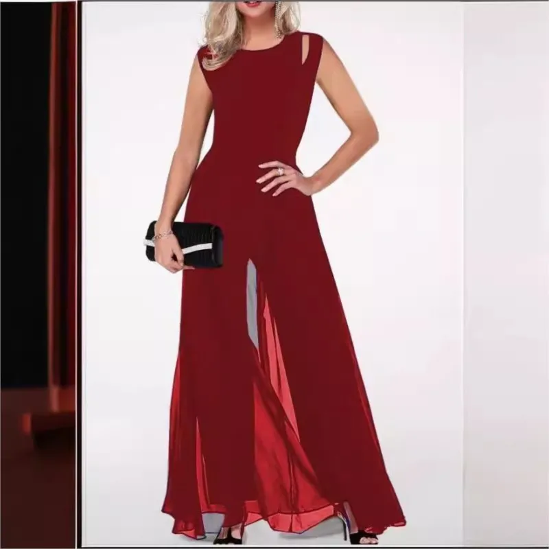 الصيف أنيقة بلون حللا النساء عالية الخصر سليم صالح س الرقبة قبالة الكتف الشيفون الربط واسعة الساق السراويل مكتب بذلة