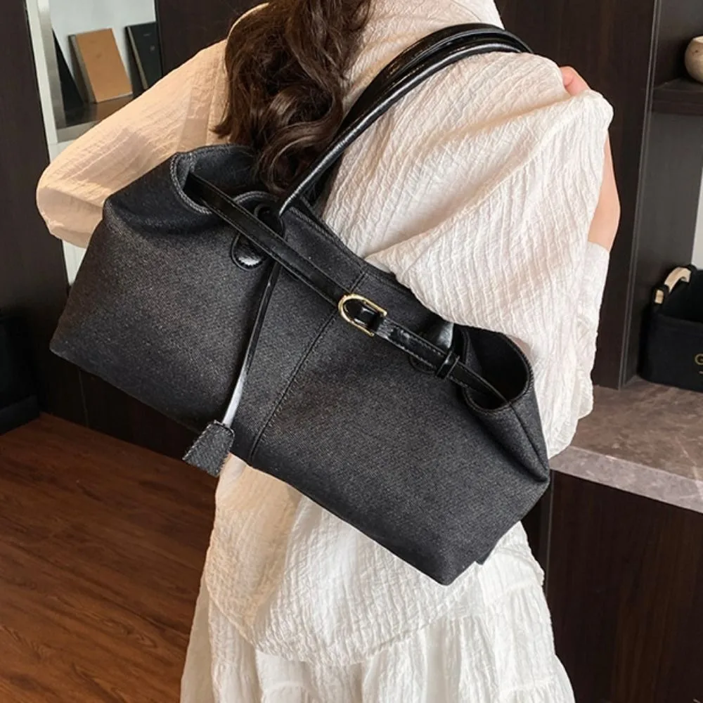 

Simple Hasp Closure Denim Shoulder Bag Elegant Patchwork Color Vintage Armpit Bag Large Capacity Chic Casual Tote Bag Students