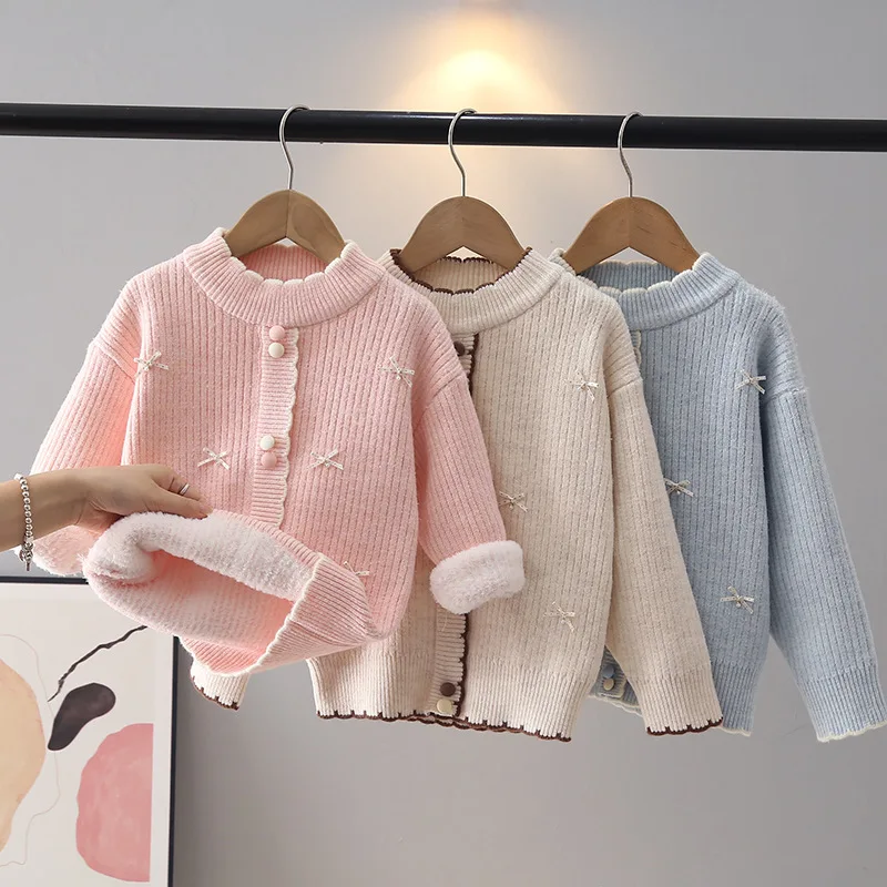 Adorable Fleece-lined Knit Pullover for Kids Girl Delicate Bow-ties Button Girls Knit Clothes Holiday Party Student Tops JY10141