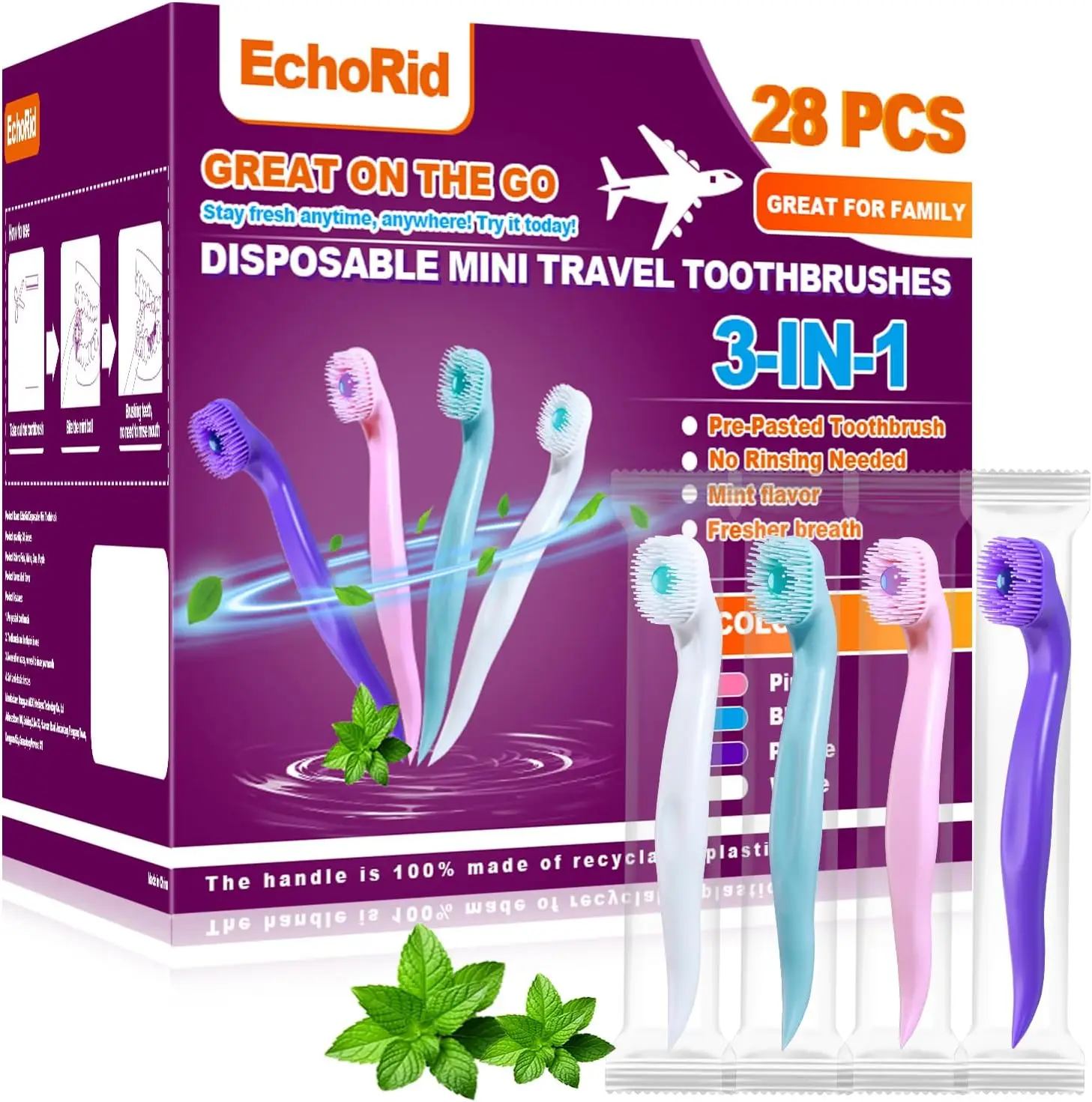 

Mini Disposable Toothbrush, Pre-Pasted Mint, 28 Ct - Travel Oral Care, No Rinsing Needed