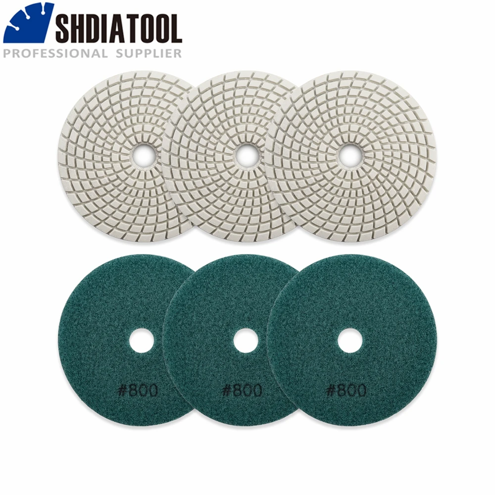 SHDIATOOL 6pcs 5inch #800 Diamond Flexible Wet Polishing Pad for Stone, White Bond, Spiral Type Diameter 125mm Free-shipping