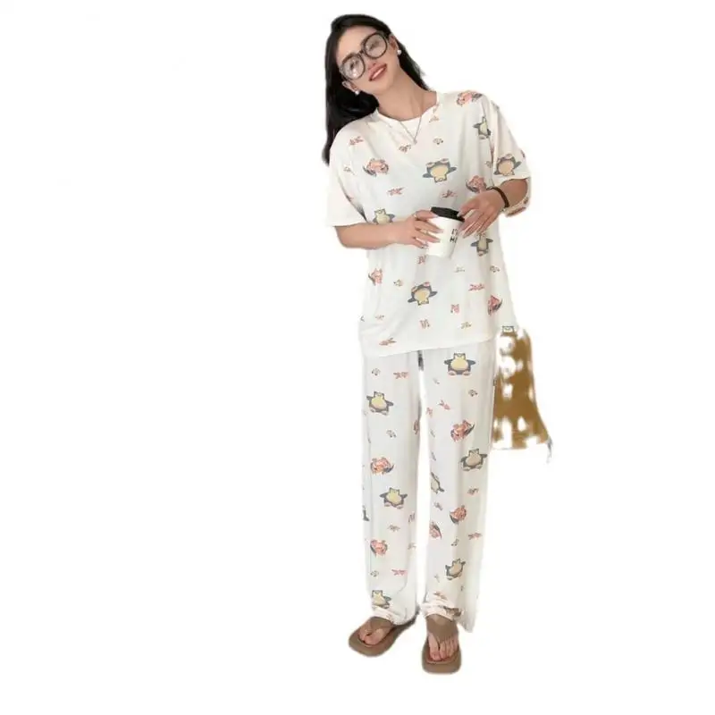 Anime Cartoon Pokemon Snorlax Women\'s Pajamas Summer Modal Print Round Neck Casual Home Wear Short-Sleeved Dress Gift for Friend