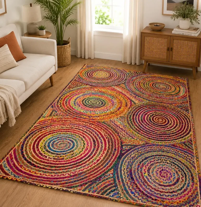 Multicolor Rectangle Rug Colorful Boho Area Rug, Bohemian Floor Carpet Living Room Decor Rug, Woven Accent Rug