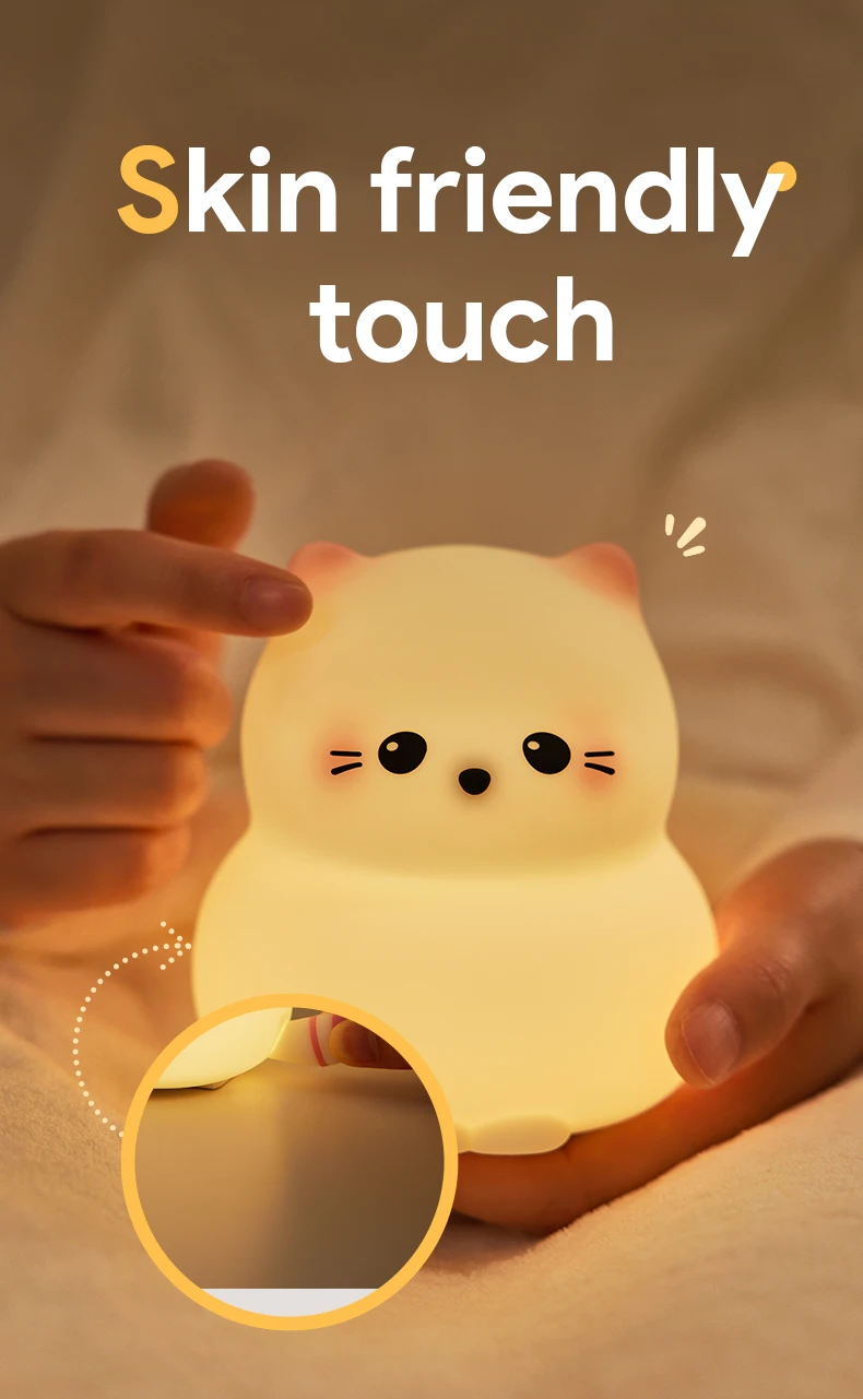 Guardian Kitty Silicone LED Night Lights USB Rechargeable Sleep Night Lamp Timing Bedside Room Decor Kids Baby Nightlight Gift