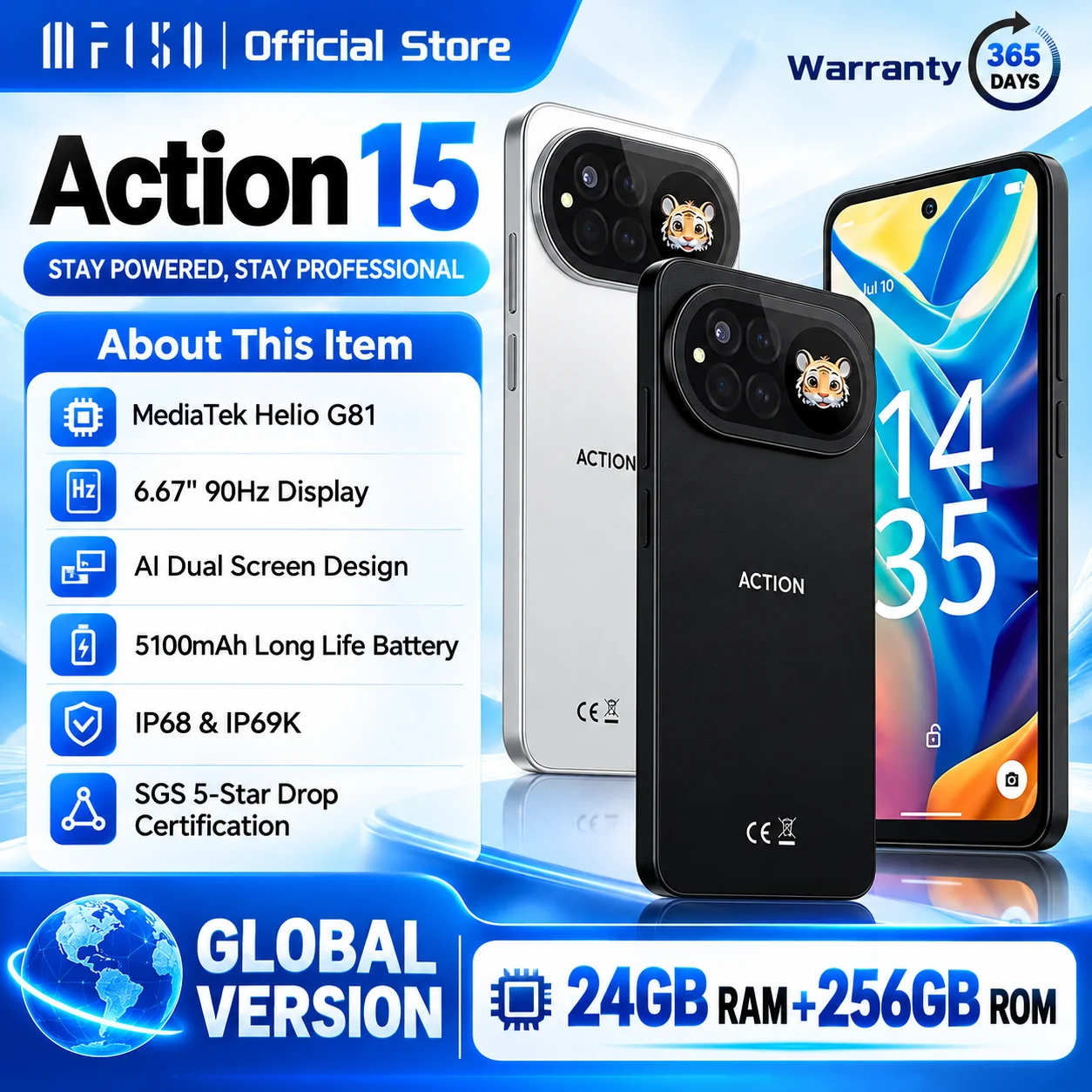 IIIF150 ACTION 15 4G Rugged smartphone 6.67 ” HD+ 1.09 ” Dual Screen Android 15 MTK G81 5100mAh IP68 IP69K 48MP 24GB 256GB phone
