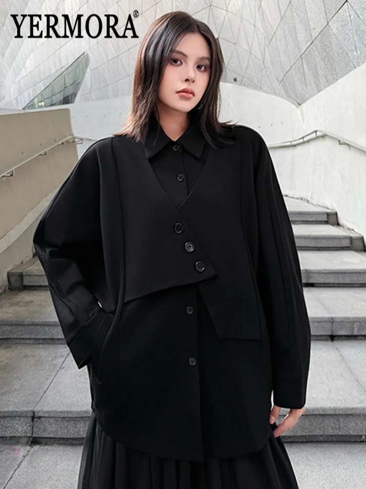 

YERMORA Черная женская блузка-обманка с эффектом двухслойности, на пуговицах, с отложным воротником, длинным рукавом, свободного кроя, новая модная рубашка весна-осень 2026