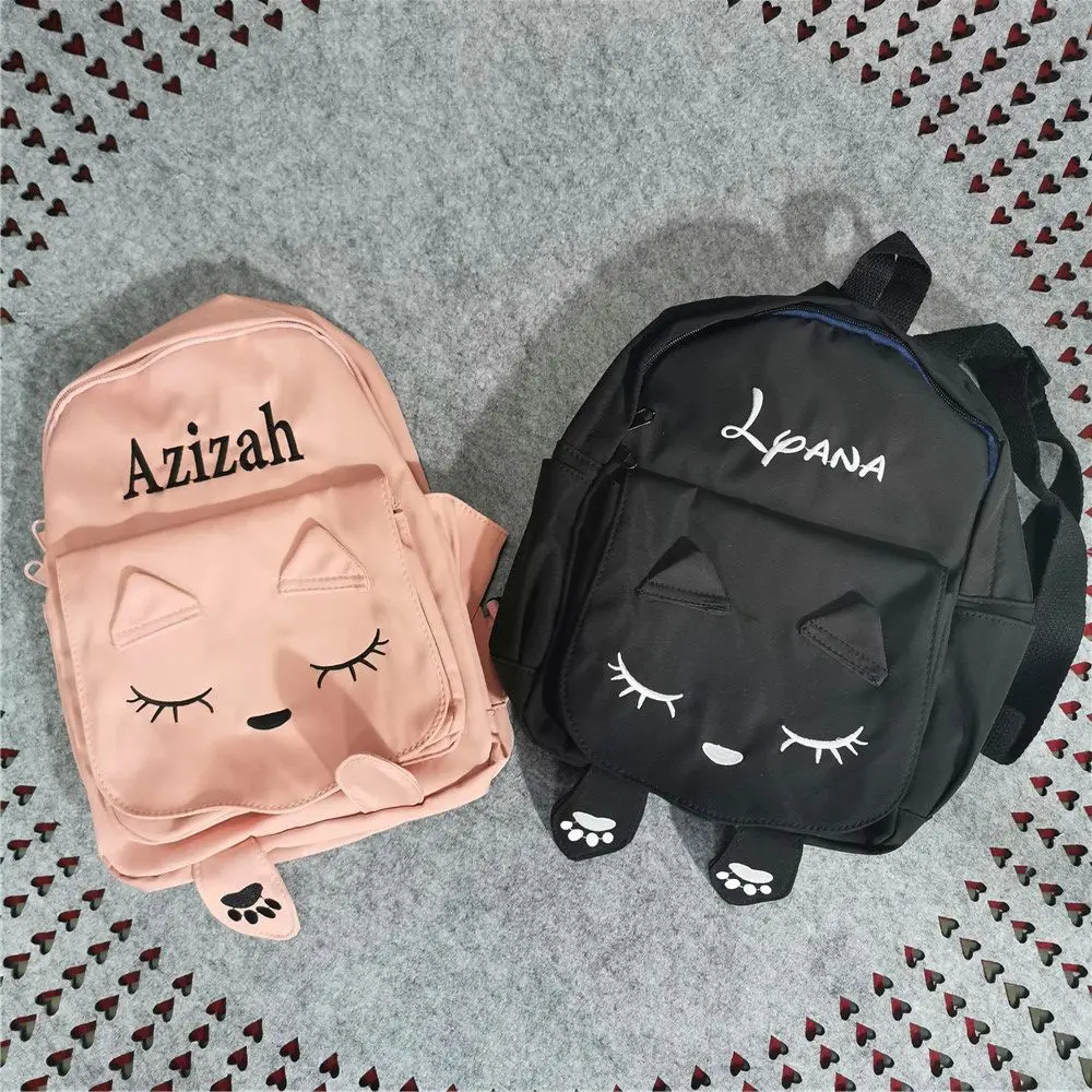 Mochila bordada con Gato bonito para niños, bolsos de hombro de viaje con nombre personalizado, mochila escolar para niñas y niños, regalos de cumpleaños