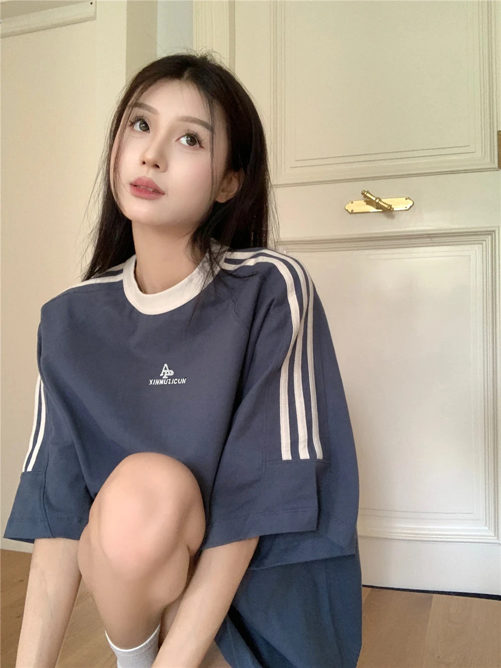 Women\'s Vintage Contrast Color Stripe Short Sleeve Tshirt Summer Sports Leisure Loose Jersey Tshirt Korean Style Female Clothing