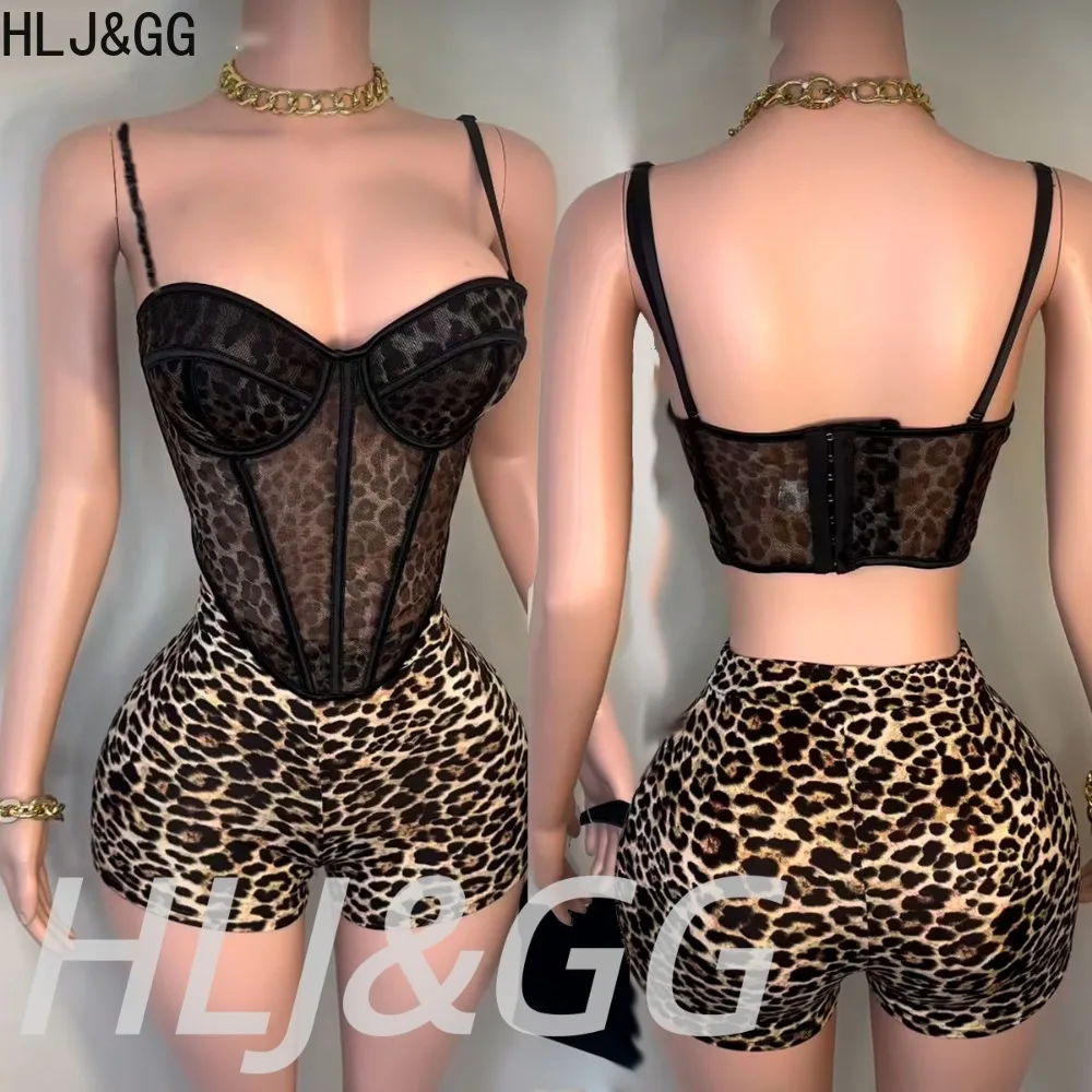 

HLJ&GG Sexy Leopard Splicing Corset Mesh Two Piece Sets Women Spaghetti Strap V Neck Slim Crop Top And Shorts Outfits Streetwear