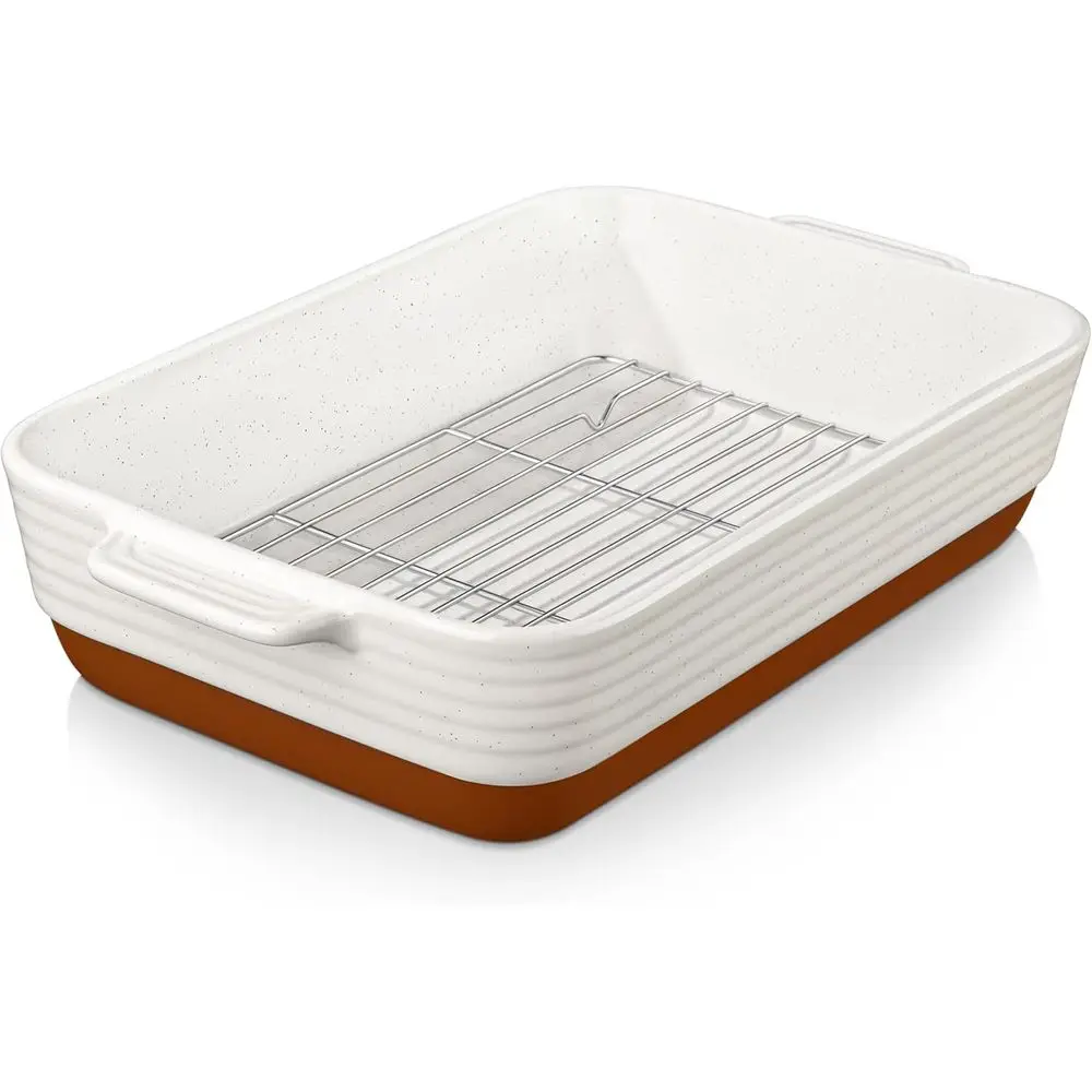 

Bg Dish with Rack, 4.8 Qt Ceic Roasting Pan with StainlSteel Drip Rack, 9x13 Inch Deep Casserole Dish with Handles, Oven Sae Las