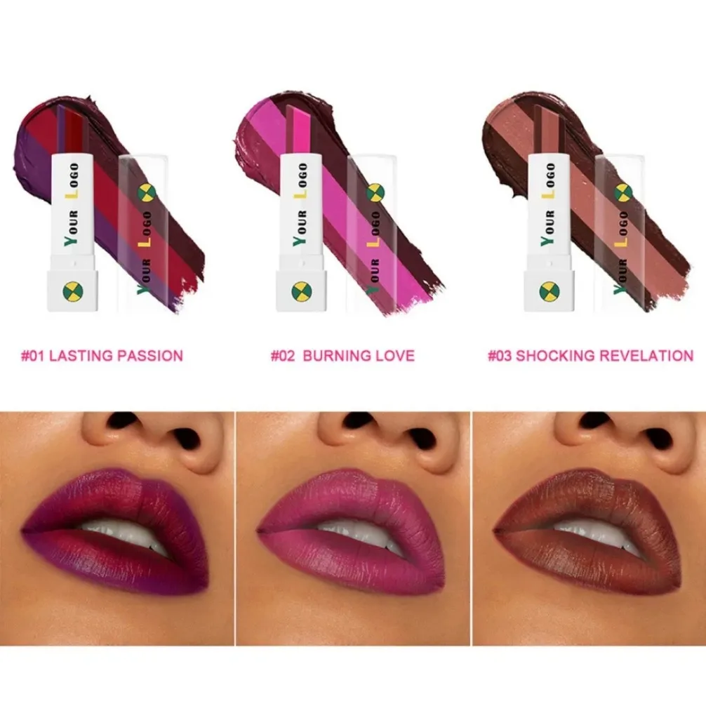 Logotipo personalizado lama labial vegana 3 cores mousse fosca brilho labial sólido marca própria batom natural à prova d'água duradouro nude vermelho matiz