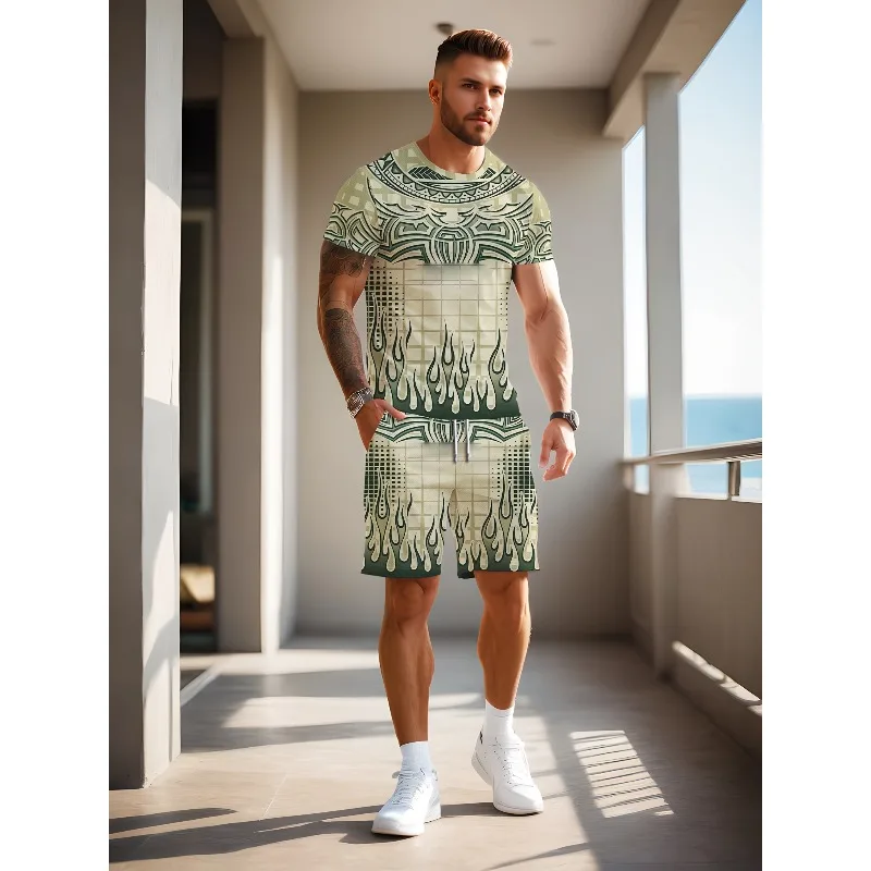 2025 New Summer Fashion 3D Digital Geometric Line Painted Print Men's Shorts Short Sleeved Set Round Neck T-shirt Two-piece Set