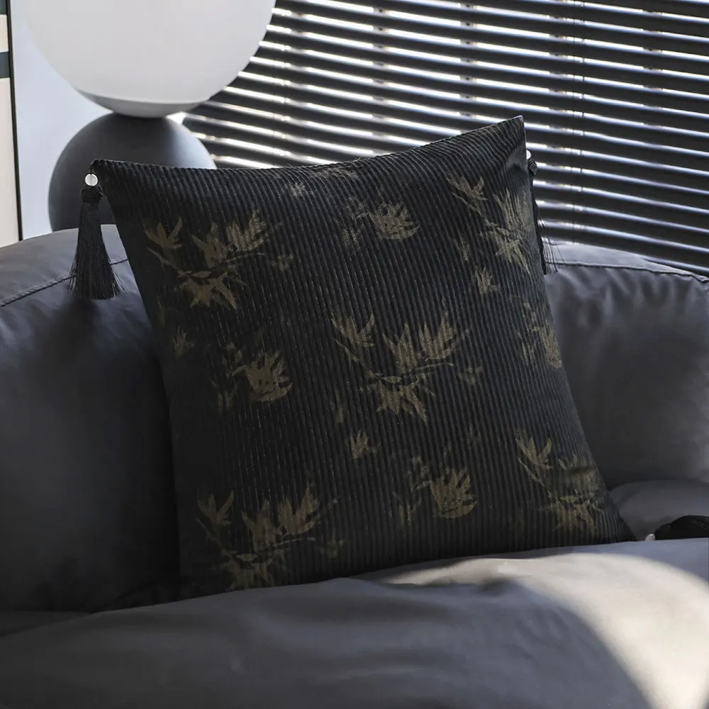 Chinese Style Vintage Cushion Cover with Tassels Living Room Sofa Soft Throw Pillow Cover Velvet  Bamboo Leaf Print Pillow Case