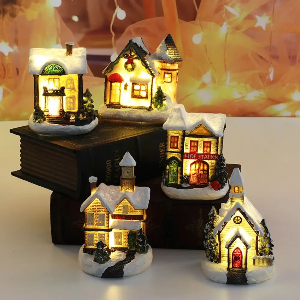 Cute Christmas Glowing Small House Resin Warm Light LED Light Snow House Elegant Luminous Mini House Miniature Party Favors