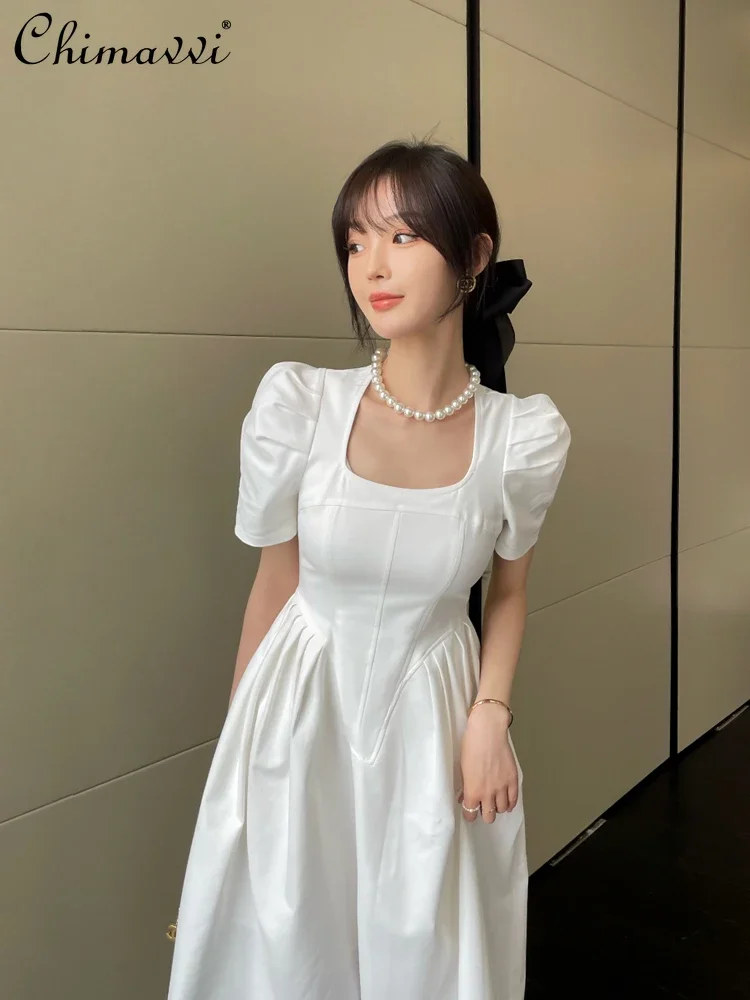 

French Retro Hepburn Style Square Neck Short Puff Sleeve High Waist Slim Fit A-line Elegant Simple White Long Dress Women Summer