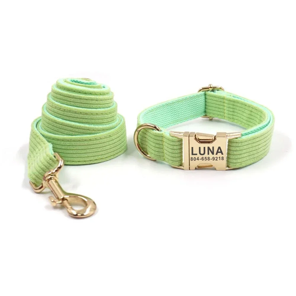 Personalized Dog Collar with Free Engraving, Matching Pet Leash,Customzied Contacts Metal Buckle,Green Corduroy Fiber Pet Collar