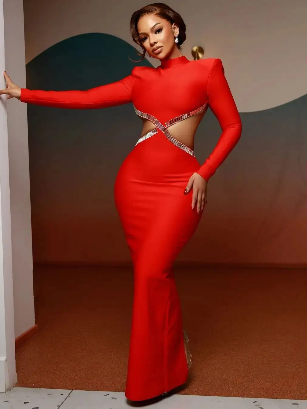 Brand New Ins Winter 2024 Women Long Sleeve Red Black Maxi Bandage Bodycon Dress Backless Crystal Evening Party Dress Vestido