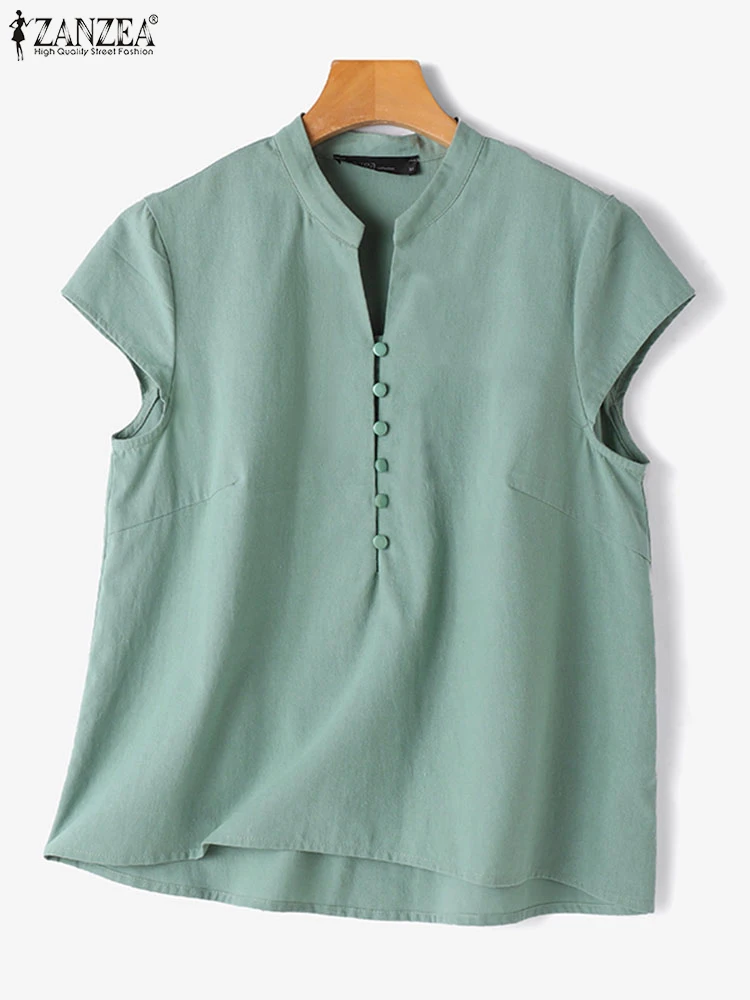 ZANZEA-Chemisier Vintage à Manches Courtes et Col en V pour Femme, Tunique en Coton de Couleur Unie, Chemise de Travail Décontractée, ix, Été