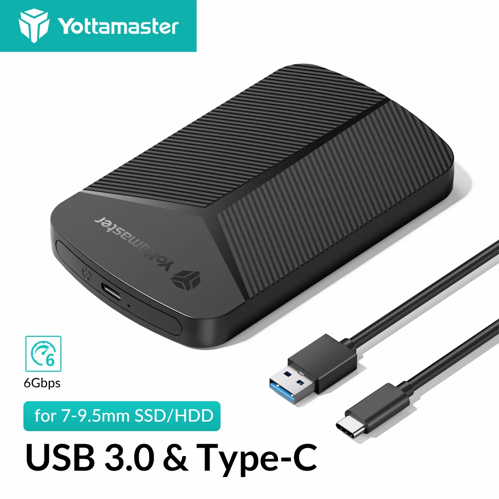 Yottamaster-Estojo de Disco Rígido Externo, Gabinete HDD, SATA para USB 3.0, Tipo-C, Velocidade 6Gbps, Caso SSD, 6TB, 2,5"