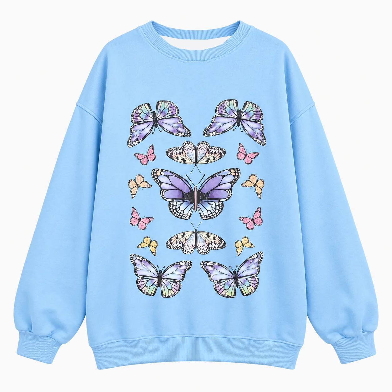 Women Oversized Butterfly Print Sweatshirt Light Blue Crewneck Long Sleeve Casual Pullover Vintage Aesthetic Top