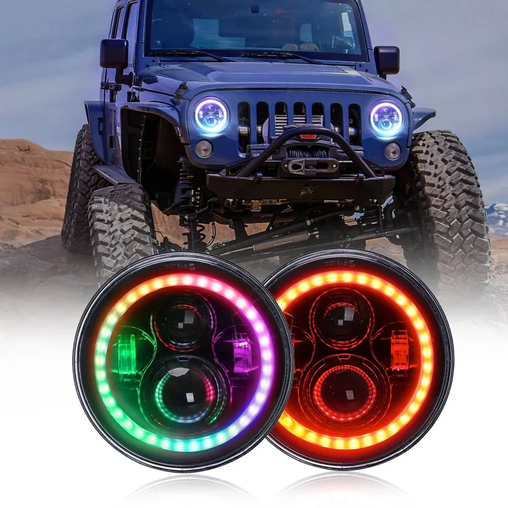 Super Cool 45W Round 7 Inch Rgb Music Controller DRL High Low Beam Halo Headlights for Jeep Wrangler JK for Harley Hummer