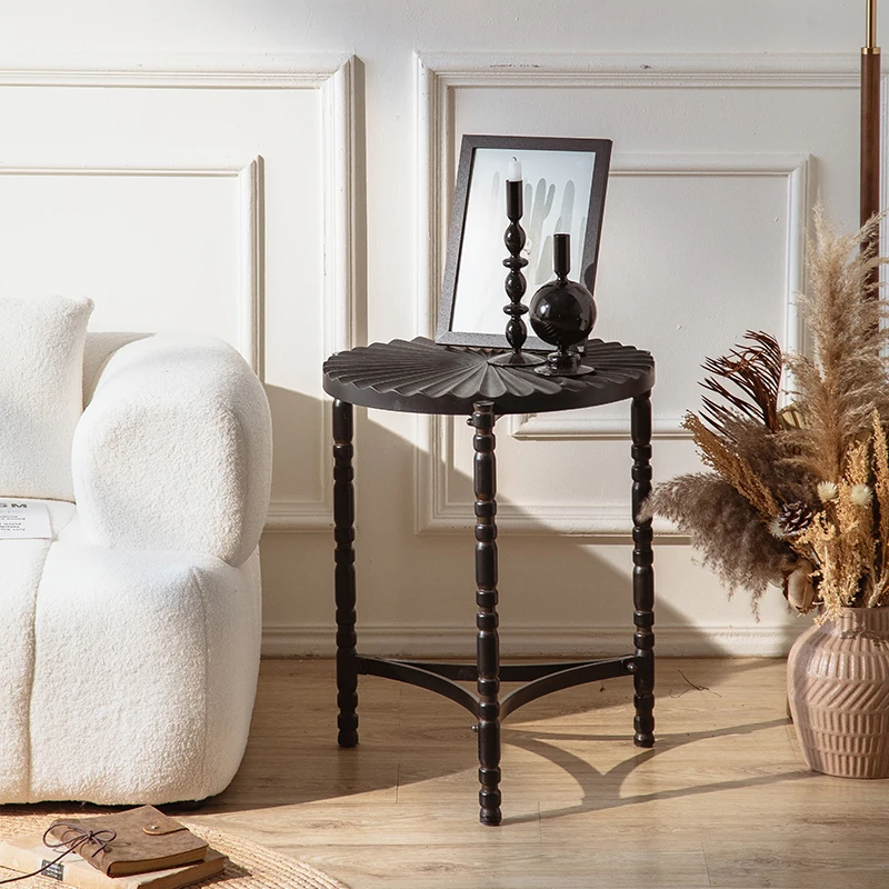 

French Round End Table Black Bedside Table Iron Multi-functional Coffee Table for Small Spaces Vintage Living Room Furniture