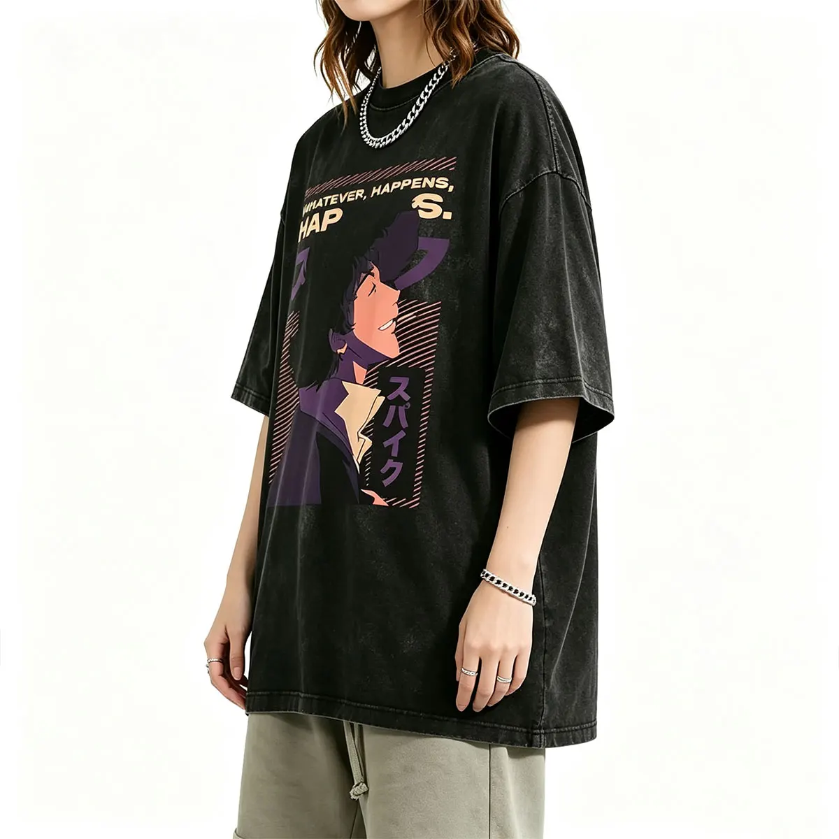 Anime Cowboy Bebop Vintage Washed T-shirt Manga Spike Spiegel Whatever Happens Happens T-shirts Men's Retro Oversized Tee Shirt