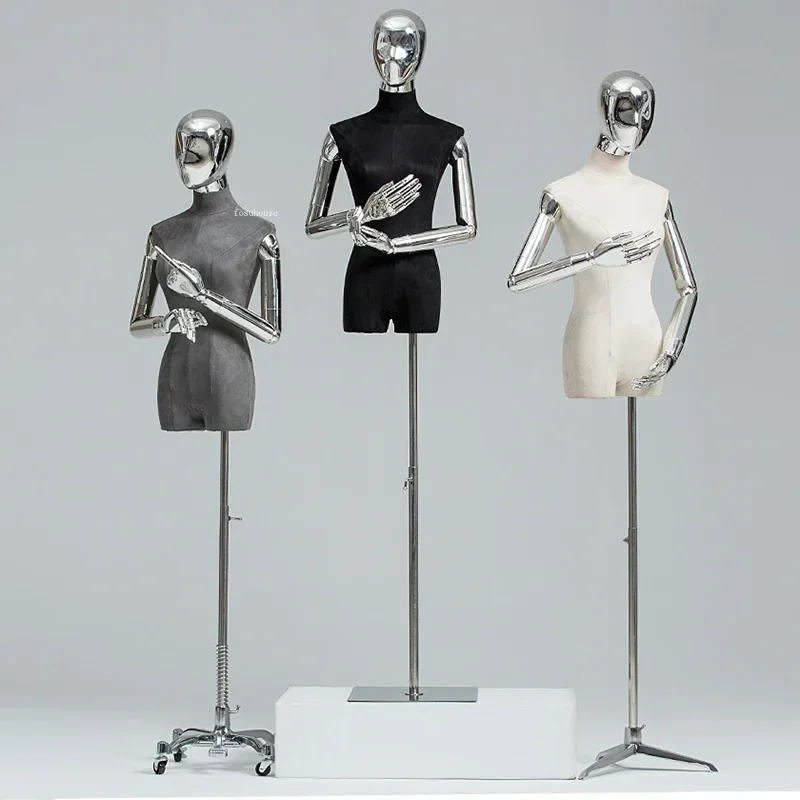 High End Dress Form Cloth Cover Female Bust Mannequin with Galvanized Head and Hand Iron Frame for Window Clothing Display Shelf