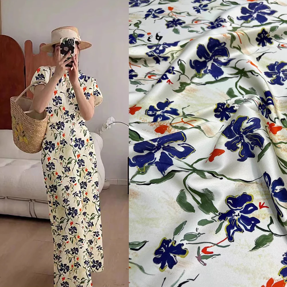 Luxury Mulberry Silk Twill 20 momme Width 140cm Floral Pattern Silk Stretch Fabric White Summer Dress Material For Sewing