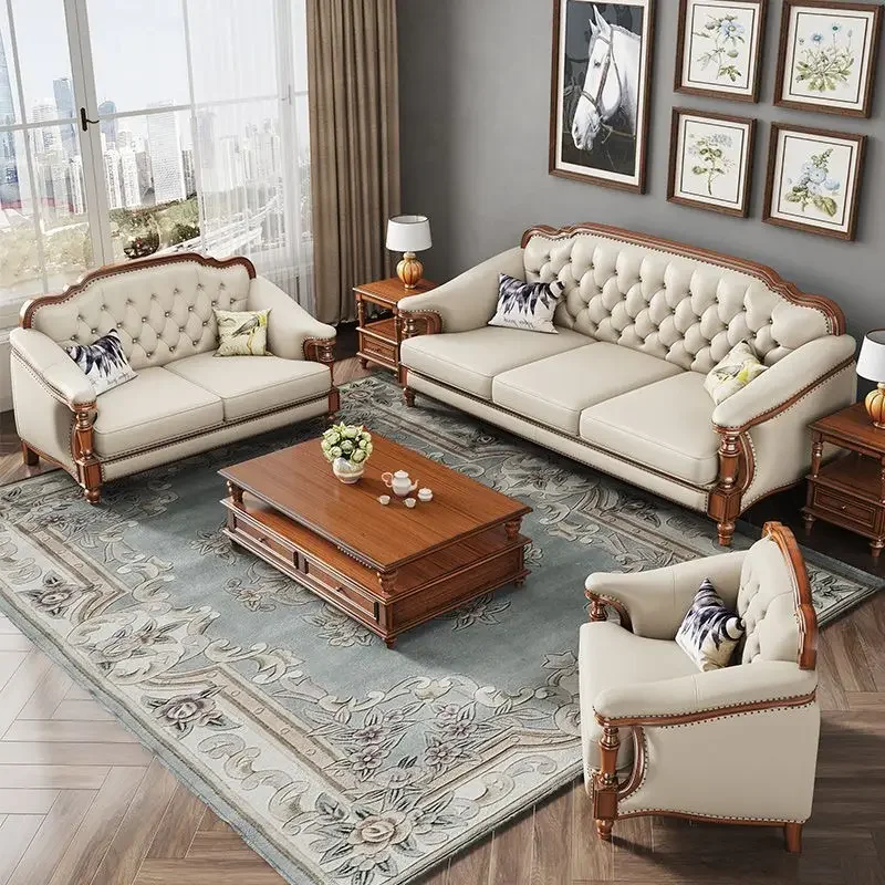 

American retro solid wood leather sofa first layer cowhide combination simple and beautiful country style living room furniture