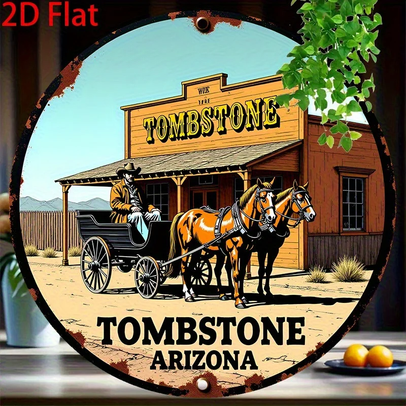 مسطح ثنائي الأبعاد، قطعة واحدة من لافتة أريزونا الغربية العتيقة - لوحة تزيين غرب قديمة مع رعاة البقر وعربة مرسومة بالحصان - Dur