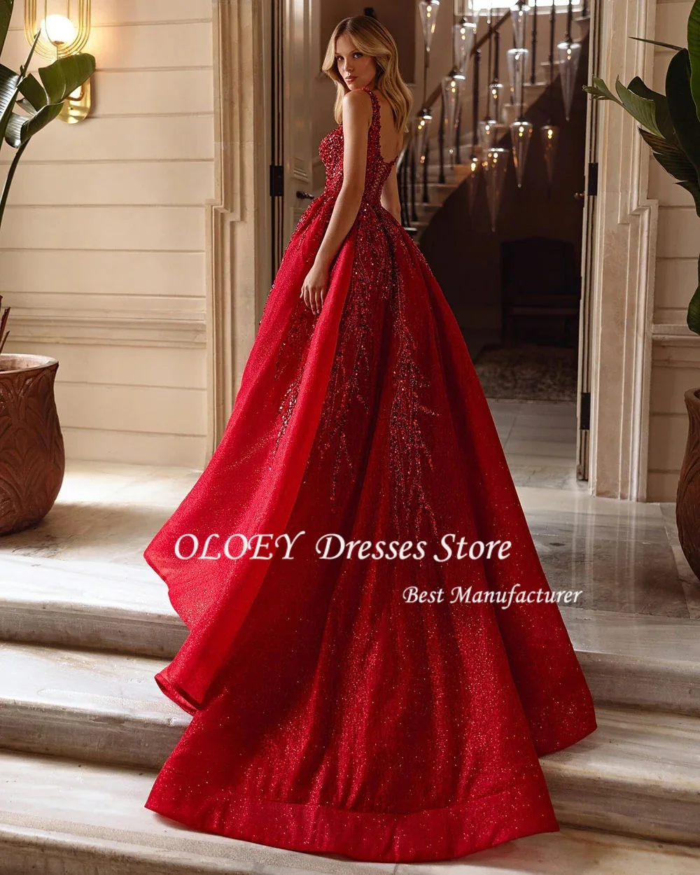 فساتين OLOEY للحفلات الراقصة للمناسبات الخاصة مصنوعة يدويًا من الخرز فساتين سهرة نسائية فاخرة زعيم مربع لامع حسب الطلب