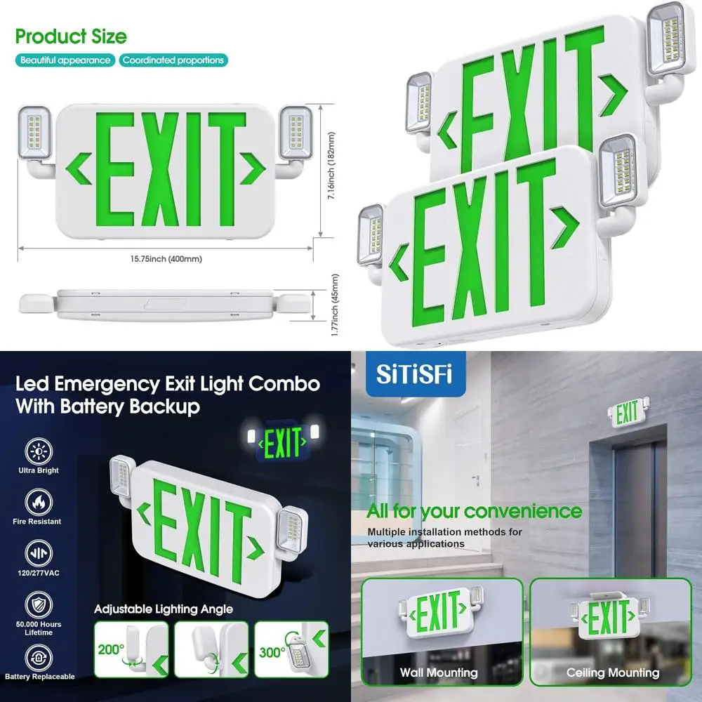 

Emergency Exit Sign with Adjustable Lights and Backup Battery, Commercial Grade Green Letter, UL 924, 120/277V