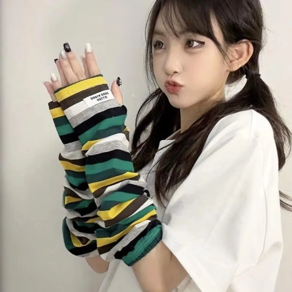 Y2k Color Strip Ice Arm Sleeve Long Loose Sunblock Sleeve Harajuku Stripe Anti-sunburn UV Protection Arm Gloves Women Girls