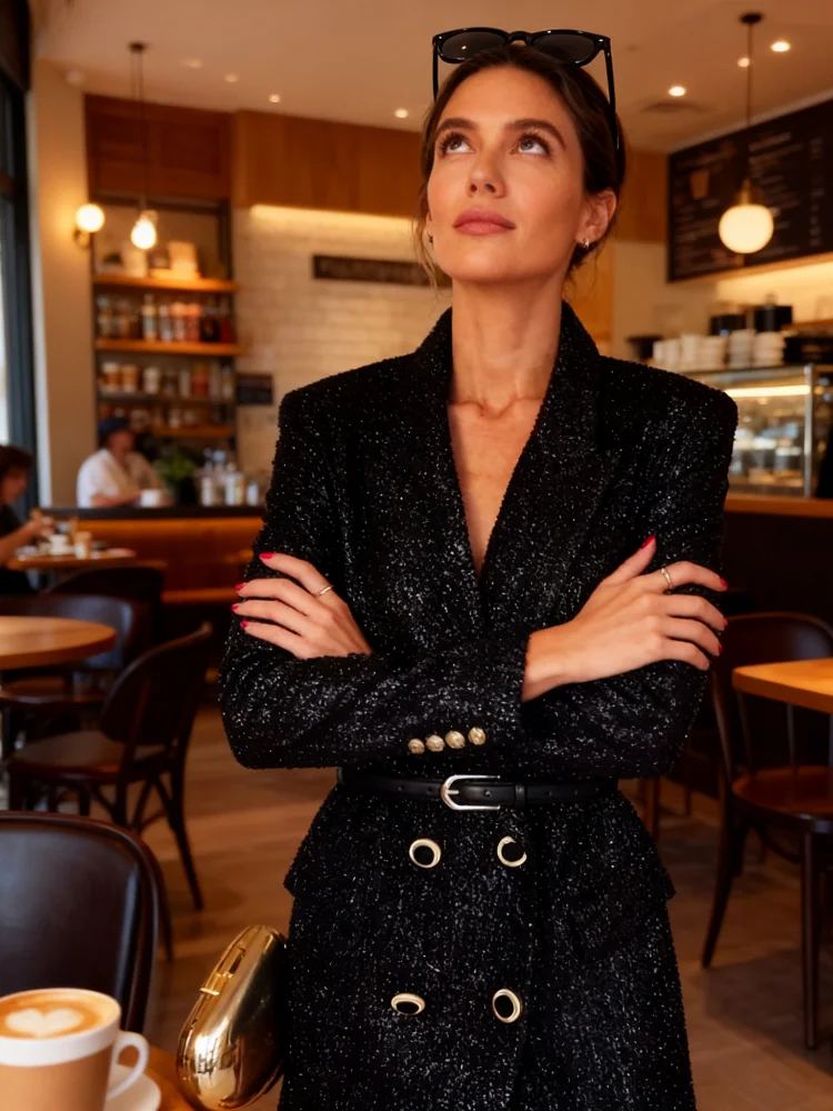 

Elegant Double Breasted Women Midi Blazer Chic Long Sleeve Pocket Female Coat 2025 Winter Spring Fashion Lady Jacket