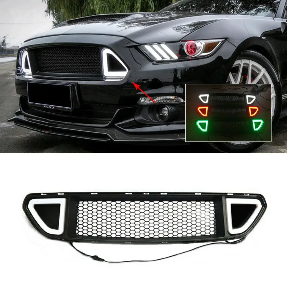 Car Front Bumper Mesh Grille Facelift honeycomb Cover for Ford Mustang 2015 2016 2017 With White Red Green LED Light Lamp Grill