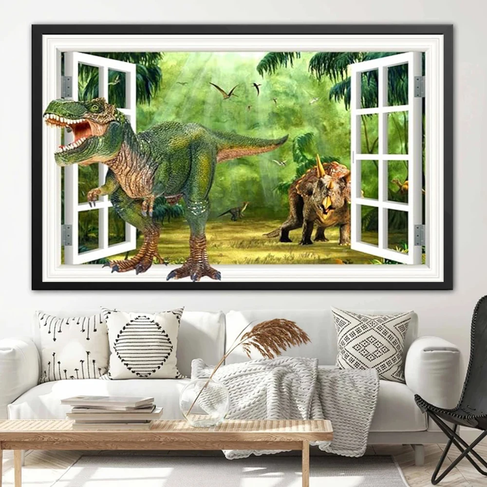 

3D Window Visual Effect Dinosaurs Poster Prints For Kids Bedroom Home Decor Out Window Animal View Canvas Painting Wall Art