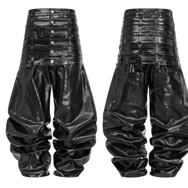 Hip Hop Punk Style Detachable Waistbands  Pants Man Woman Denim Coating Elastic Vintage Low Waist Baggy Pants